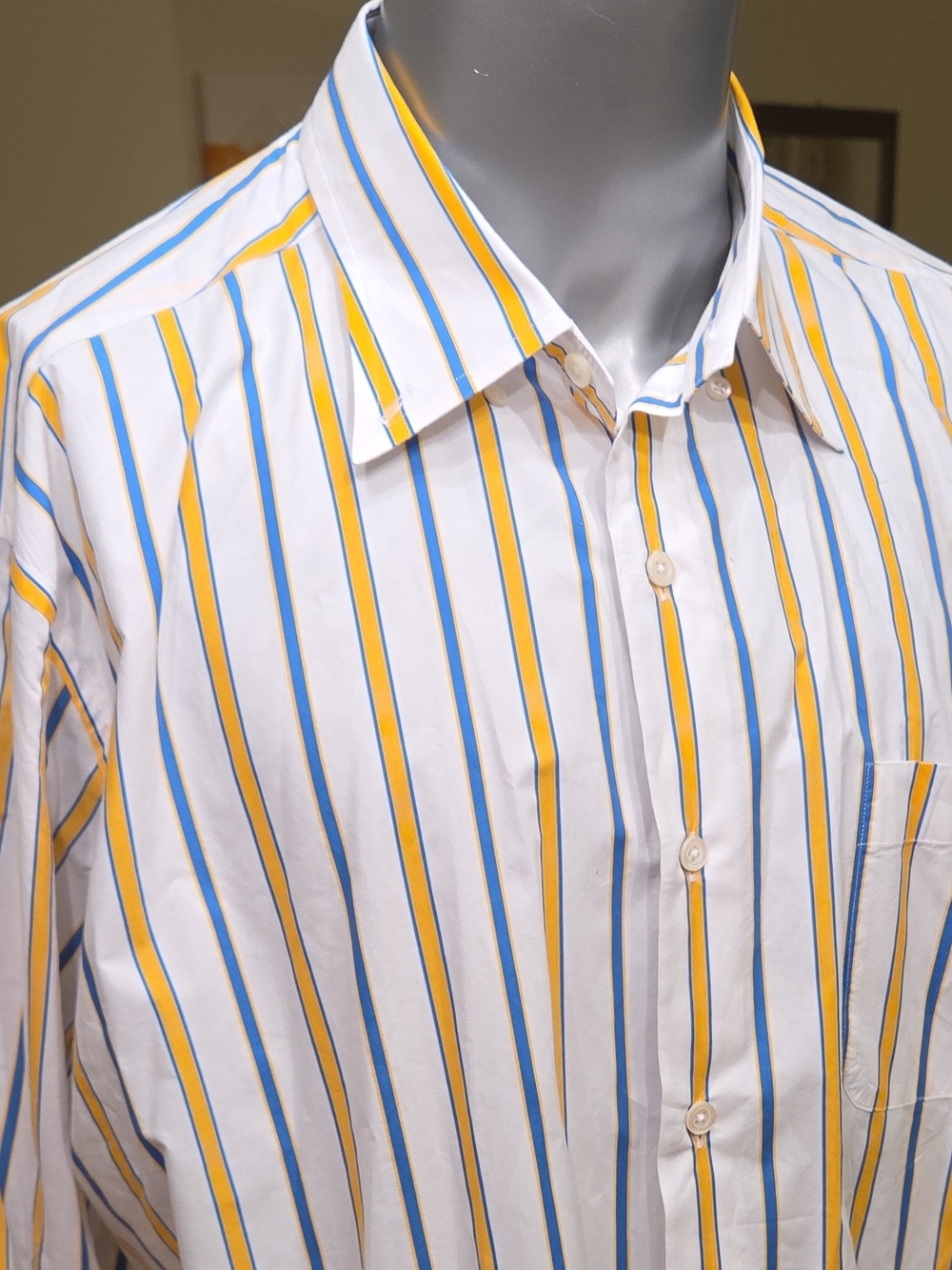 Solemare Men's XL White Blue Yellow Striped LS Cotton Button-Up Pocket Shirt